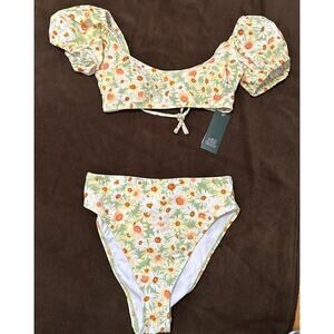 Puff Sleeve Bikini Top and Bottom Set - Wild Fable Green Daisy Print Size XS